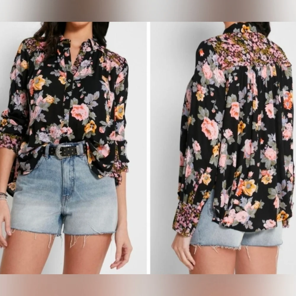 Free People Hold On To Me black floral mixed media button-down blouse Size XS - Picture 4 of 16